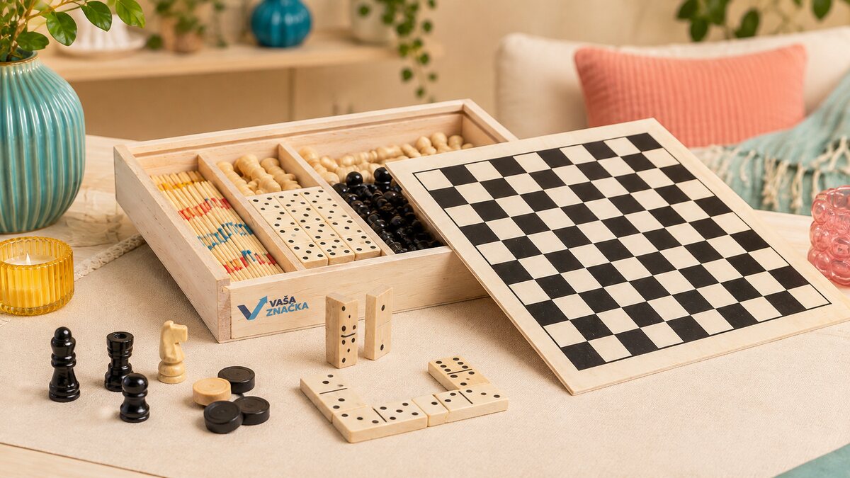 Herný set v drevenej krabičke – mikádo, domino, dáma a šach