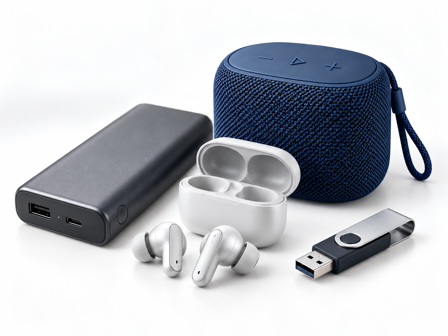 Powerbanka, modrý reproduktor, biele slúchadlá a USB kľúč